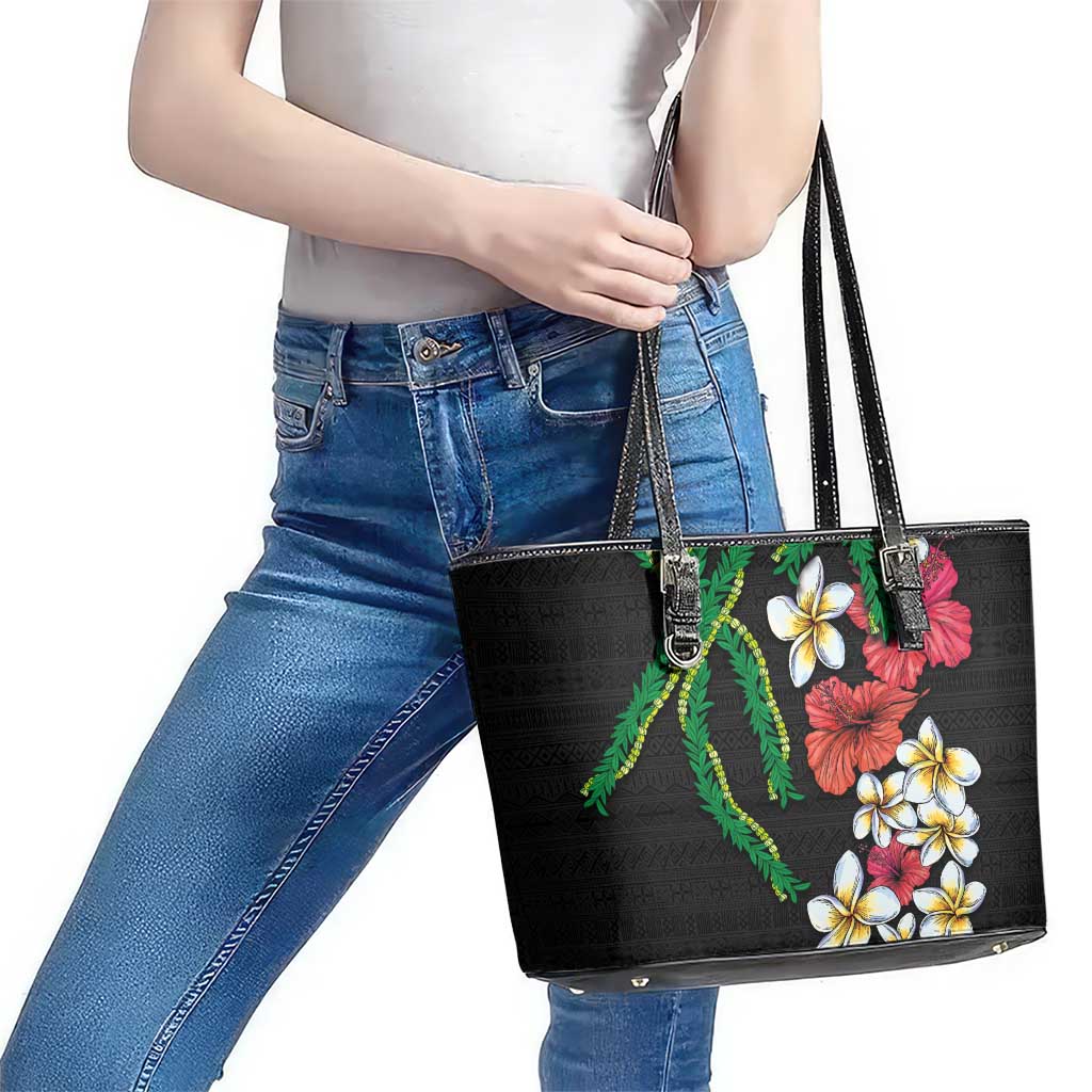 Hawaiian Tropical Flowers and Maile Pikake Leather Tote Bag Polynesian Tribal Pattern Black Color