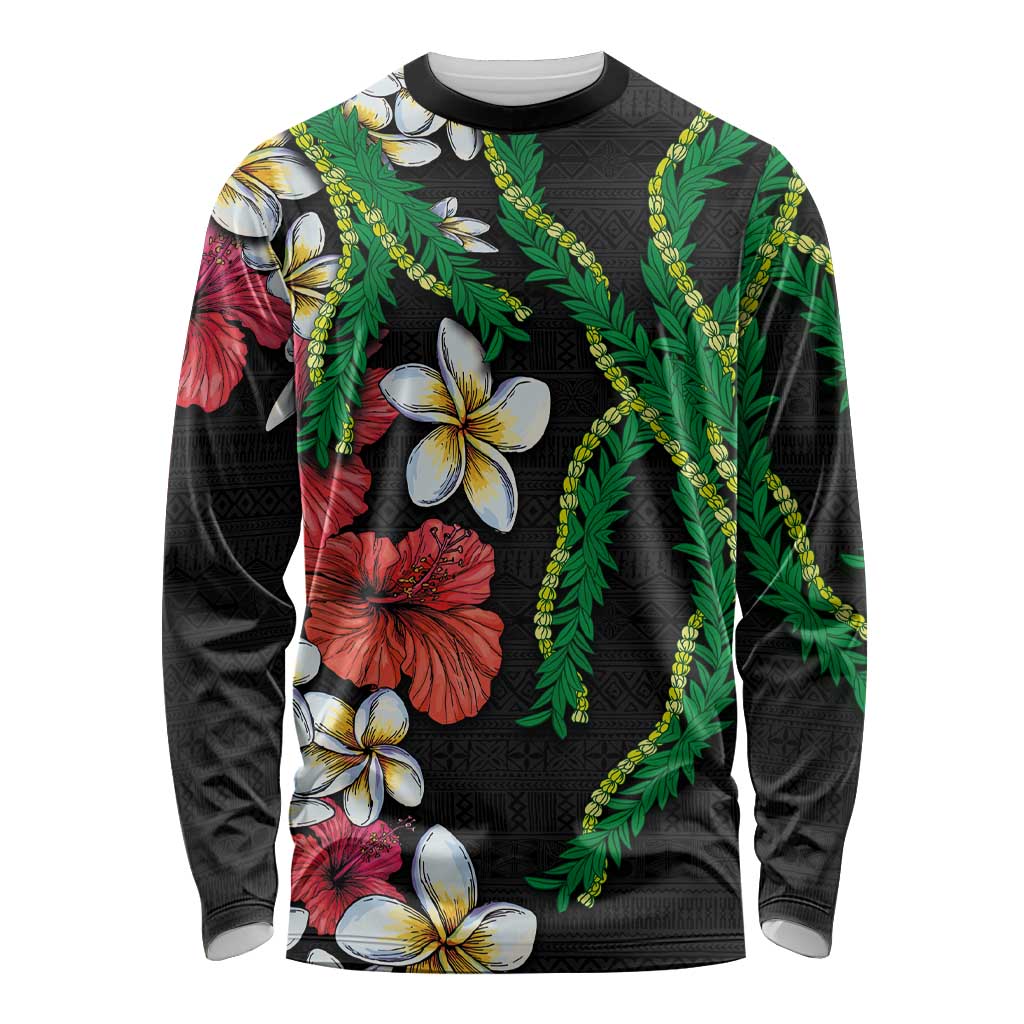 Hawaiian Tropical Flowers and Maile Pikake Long Sleeve Shirt Polynesian Tribal Pattern Black Color LT03 Unisex Black - Polynesian Pride