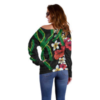 Hawaiian Tropical Flowers and Maile Pikake Off Shoulder Sweater Polynesian Tribal Pattern Black Color
