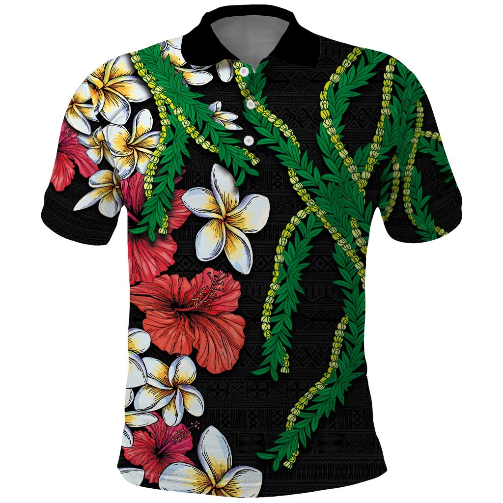 Hawaiian Tropical Flowers and Maile Pikake Polo Shirt Polynesian Tribal Pattern Black Color LT03 Black - Polynesian Pride