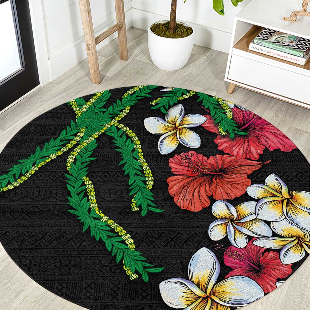 Hawaiian Tropical Flowers and Maile Pikake Round Carpet Polynesian Tribal Pattern Black Color LT03 Black - Polynesian Pride