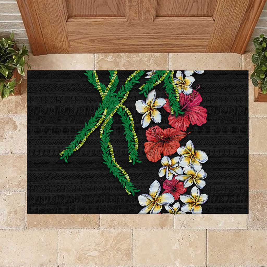 Hawaiian Tropical Flowers and Maile Pikake Rubber Doormat Polynesian Tribal Pattern Black Color LT03 Black - Polynesian Pride
