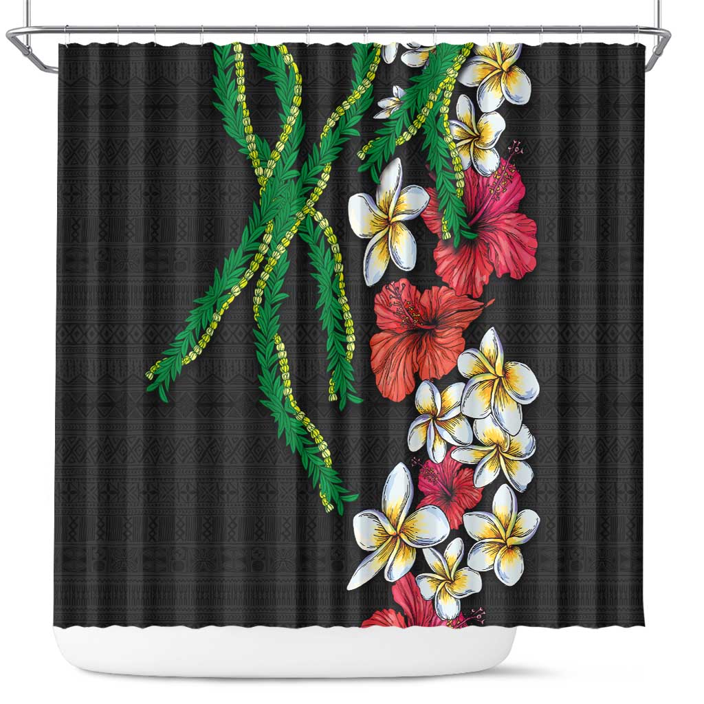 Hawaiian Tropical Flowers and Maile Pikake Shower Curtain Polynesian Tribal Pattern Black Color LT03 Black - Polynesian Pride