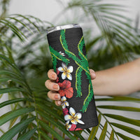 Hawaiian Tropical Flowers and Maile Pikake Skinny Tumbler Polynesian Tribal Pattern Black Color