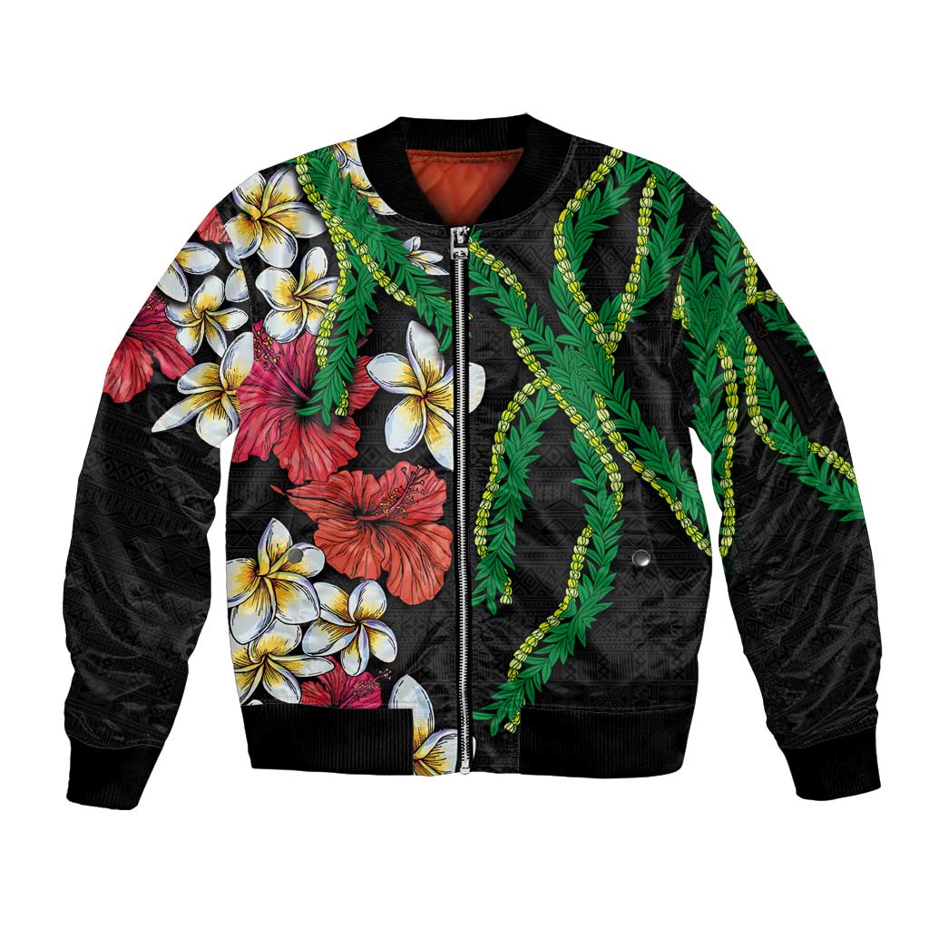 Hawaiian Tropical Flowers and Maile Pikake Sleeve Zip Bomber Jacket Polynesian Tribal Pattern Black Color LT03 Unisex Black - Polynesian Pride