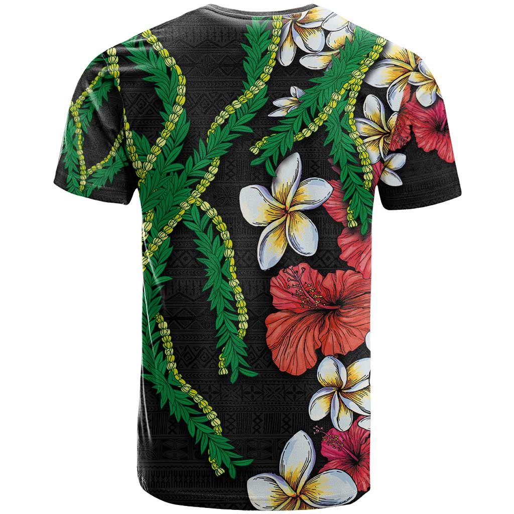 Hawaiian Tropical Flowers and Maile Pikake T Shirt Polynesian Tribal Pattern Black Color
