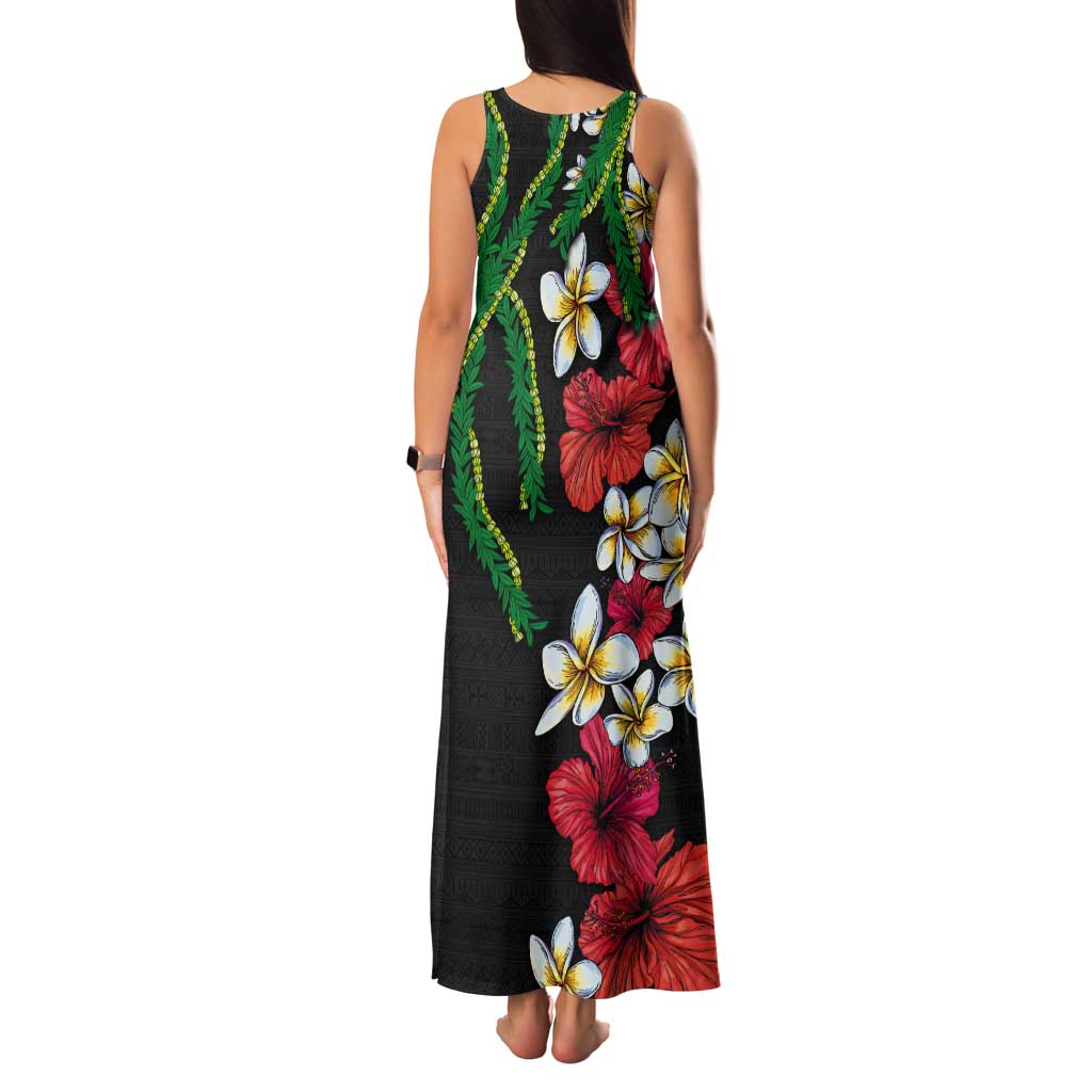 Hawaiian Tropical Flowers and Maile Pikake Tank Maxi Dress Polynesian Tribal Pattern Black Color