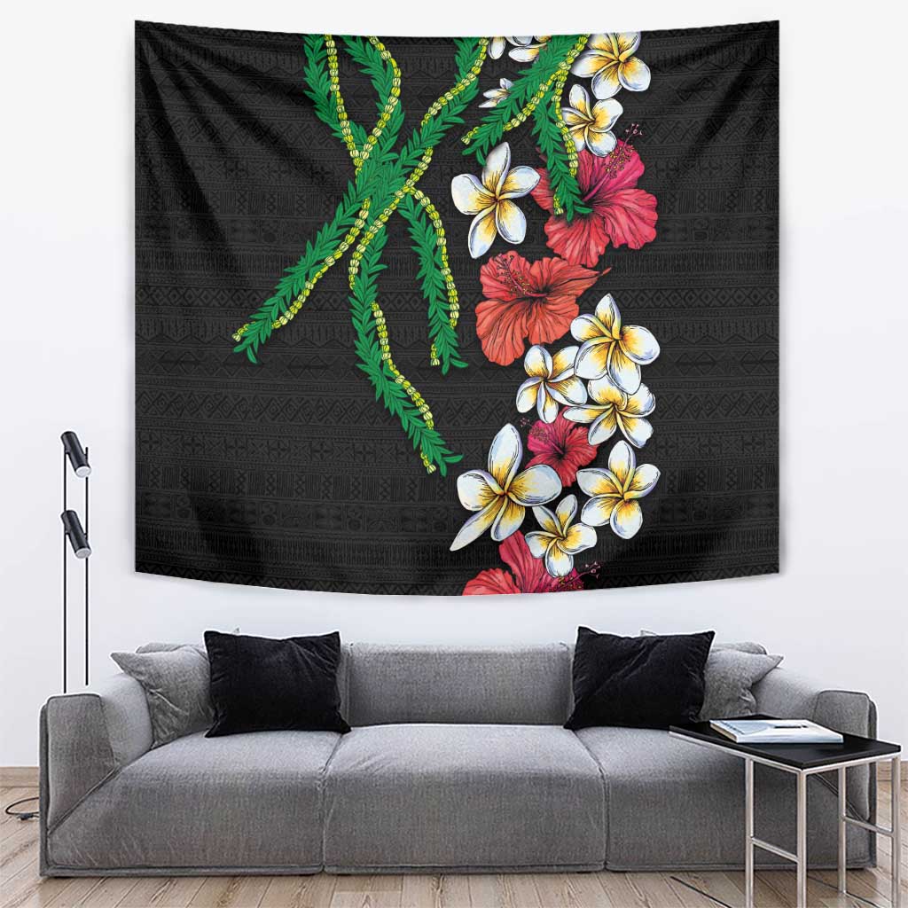 Hawaiian Tropical Flowers and Maile Pikake Tapestry Polynesian Tribal Pattern Black Color LT03 Black - Polynesian Pride