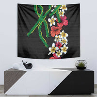 Hawaiian Tropical Flowers and Maile Pikake Tapestry Polynesian Tribal Pattern Black Color