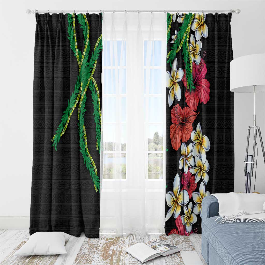 Hawaiian Tropical Flowers and Maile Pikake Window Curtain Polynesian Tribal Pattern Black Color