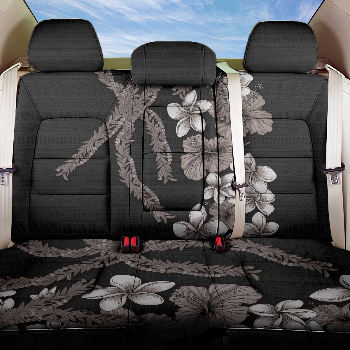 Hawaiian Tropical Flowers and Maile Pikake Back Car Seat Cover Polynesian Tribal Pattern Grayscale Mode LT03 One Size Black - Polynesian Pride