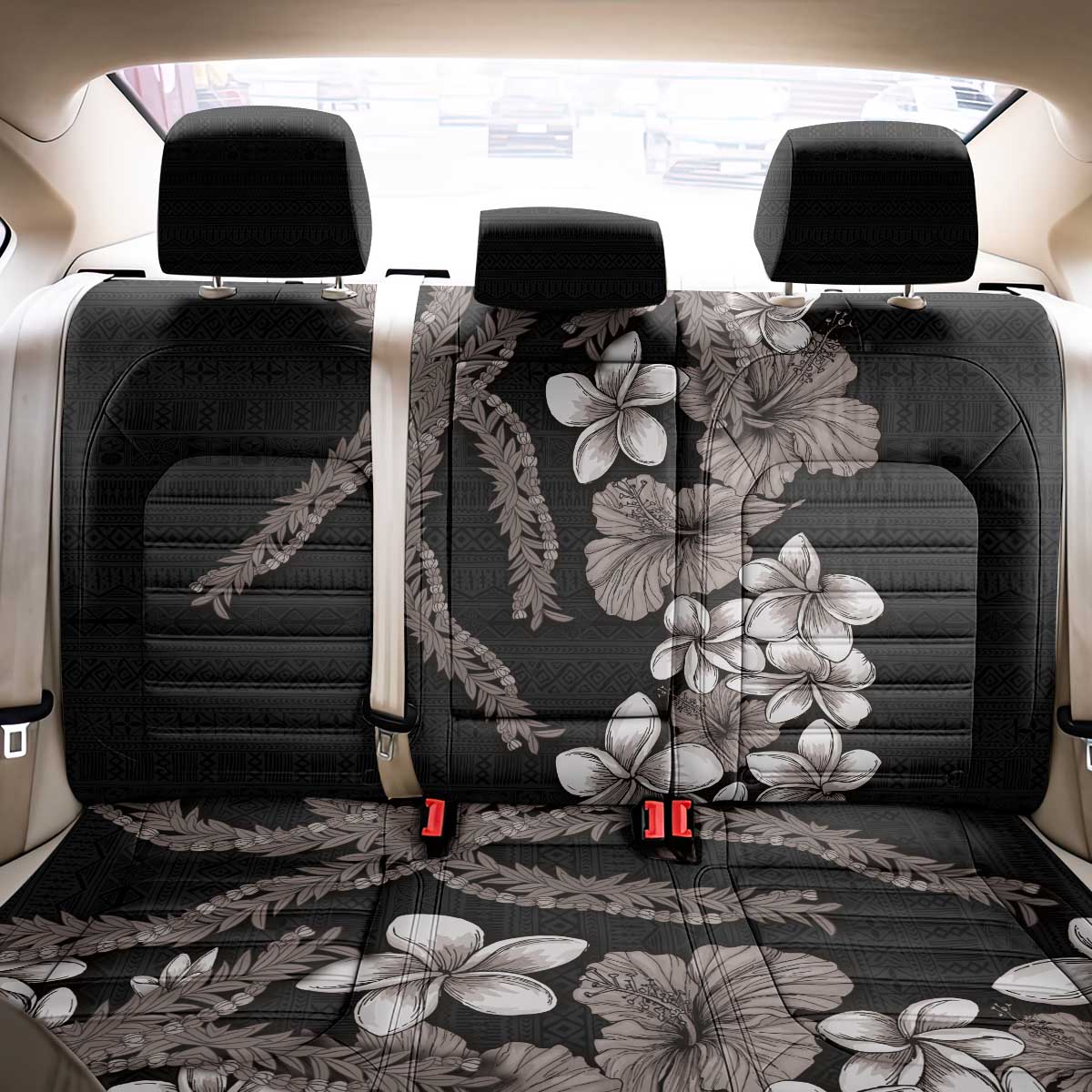 Hawaiian Tropical Flowers and Maile Pikake Back Car Seat Cover Polynesian Tribal Pattern Grayscale Mode LT03 - Polynesian Pride