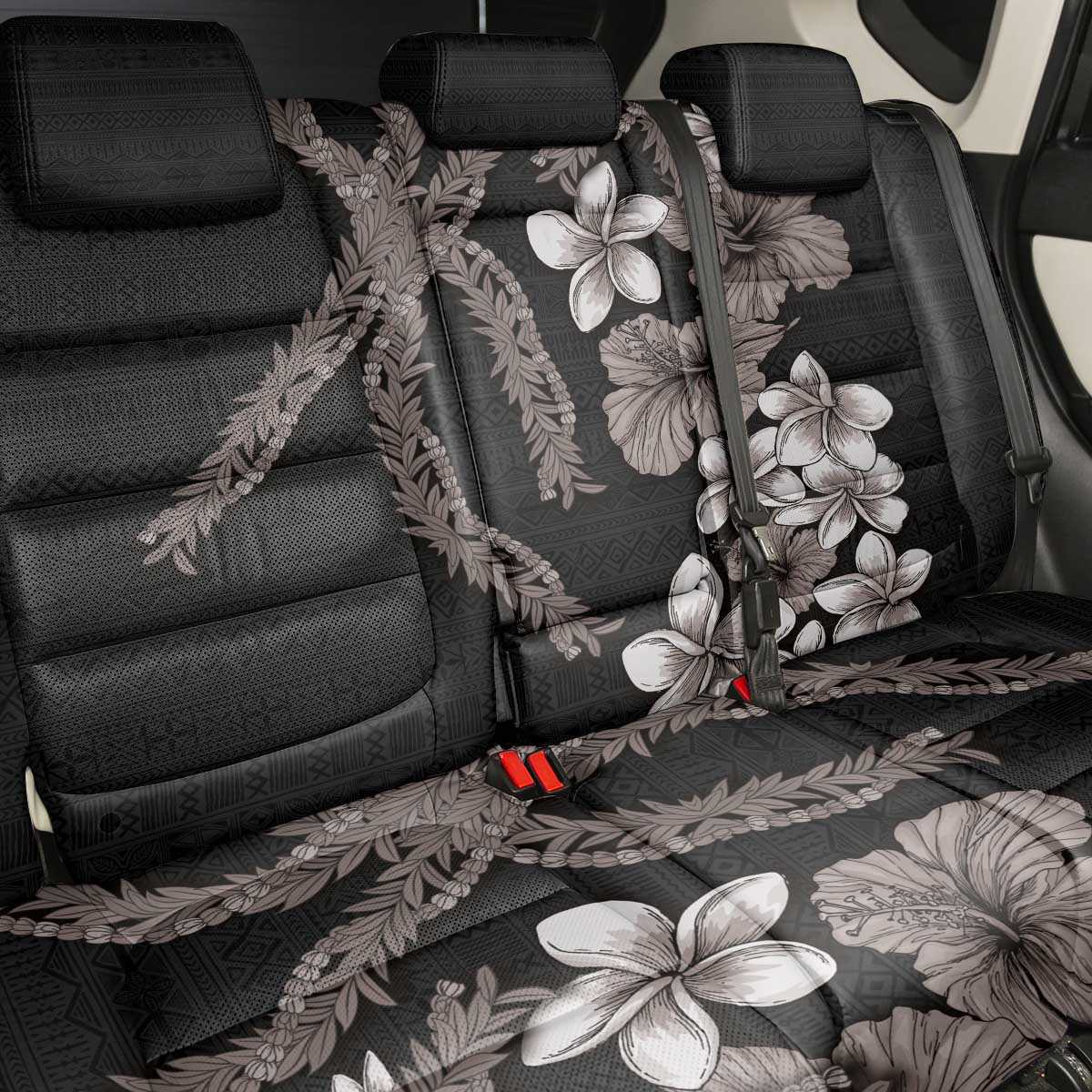 Hawaiian Tropical Flowers and Maile Pikake Back Car Seat Cover Polynesian Tribal Pattern Grayscale Mode LT03 - Polynesian Pride