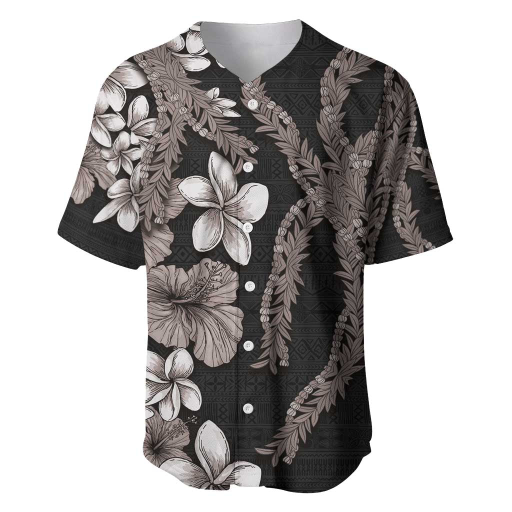 Hawaiian Tropical Flowers and Maile Pikake Baseball Jersey Polynesian Tribal Pattern Grayscale Mode LT03 Black - Polynesian Pride