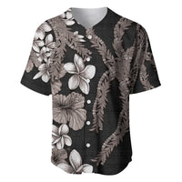 Hawaiian Tropical Flowers and Maile Pikake Baseball Jersey Polynesian Tribal Pattern Grayscale Mode LT03 Black - Polynesian Pride