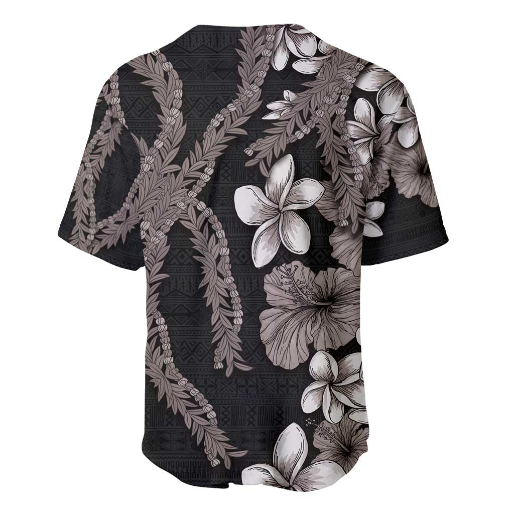 Hawaiian Tropical Flowers and Maile Pikake Baseball Jersey Polynesian Tribal Pattern Grayscale Mode LT03 - Polynesian Pride
