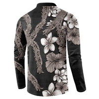 Hawaiian Tropical Flowers and Maile Pikake Button Sweatshirt Polynesian Tribal Pattern Grayscale Mode