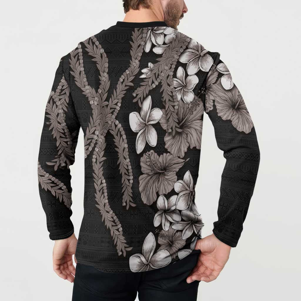 Hawaiian Tropical Flowers and Maile Pikake Button Sweatshirt Polynesian Tribal Pattern Grayscale Mode