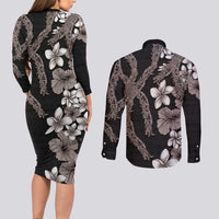 Hawaiian Tropical Flowers and Maile Pikake Couples Matching Long Sleeve Bodycon Dress and Long Sleeve Button Shirt Polynesian Tribal Pattern Grayscale Mode LT03 - Polynesian Pride