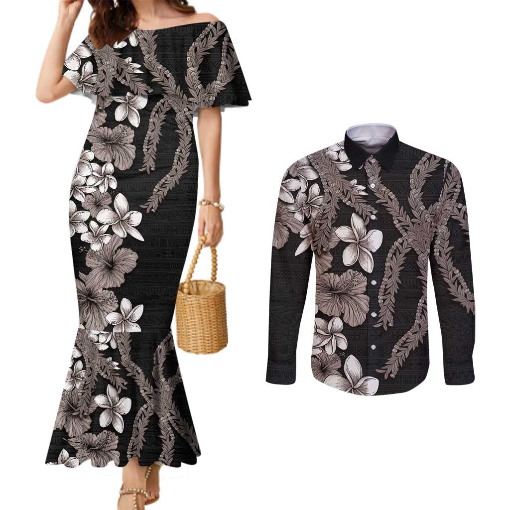 Hawaiian Tropical Flowers and Maile Pikake Couples Matching Mermaid Dress and Long Sleeve Button Shirt Polynesian Tribal Pattern Grayscale Mode LT03 Black - Polynesian Pride