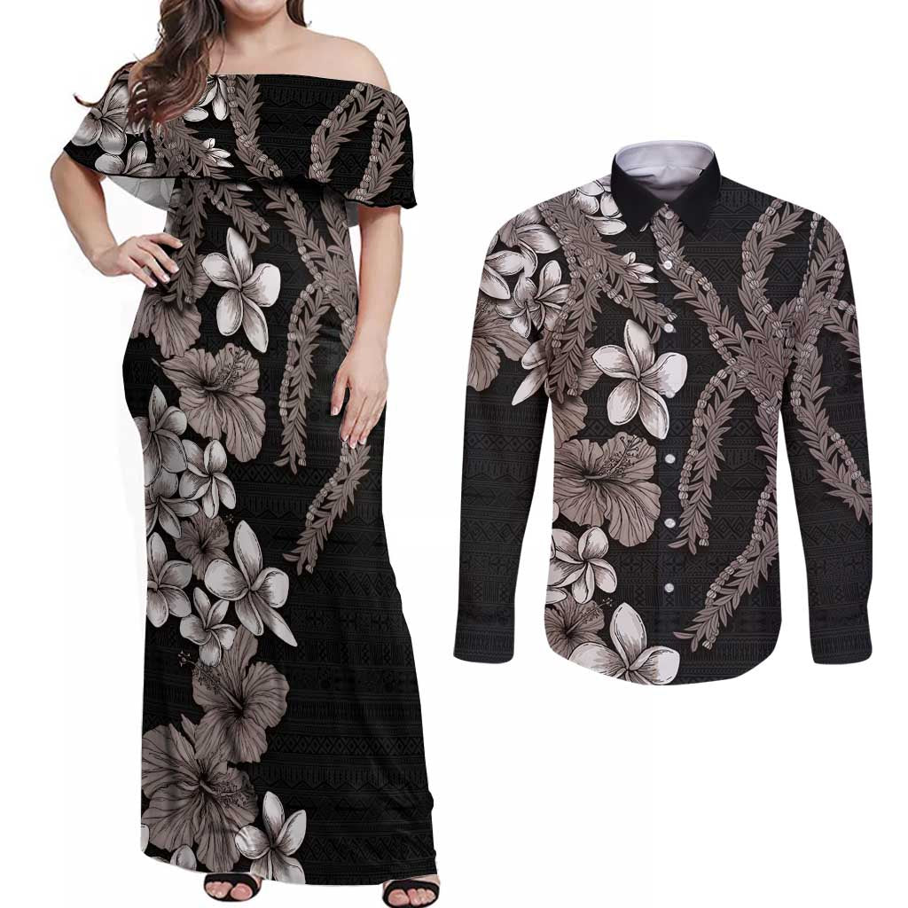 Hawaiian Tropical Flowers and Maile Pikake Couples Matching Off Shoulder Maxi Dress and Long Sleeve Button Shirt Polynesian Tribal Pattern Grayscale Mode LT03 Black - Polynesian Pride