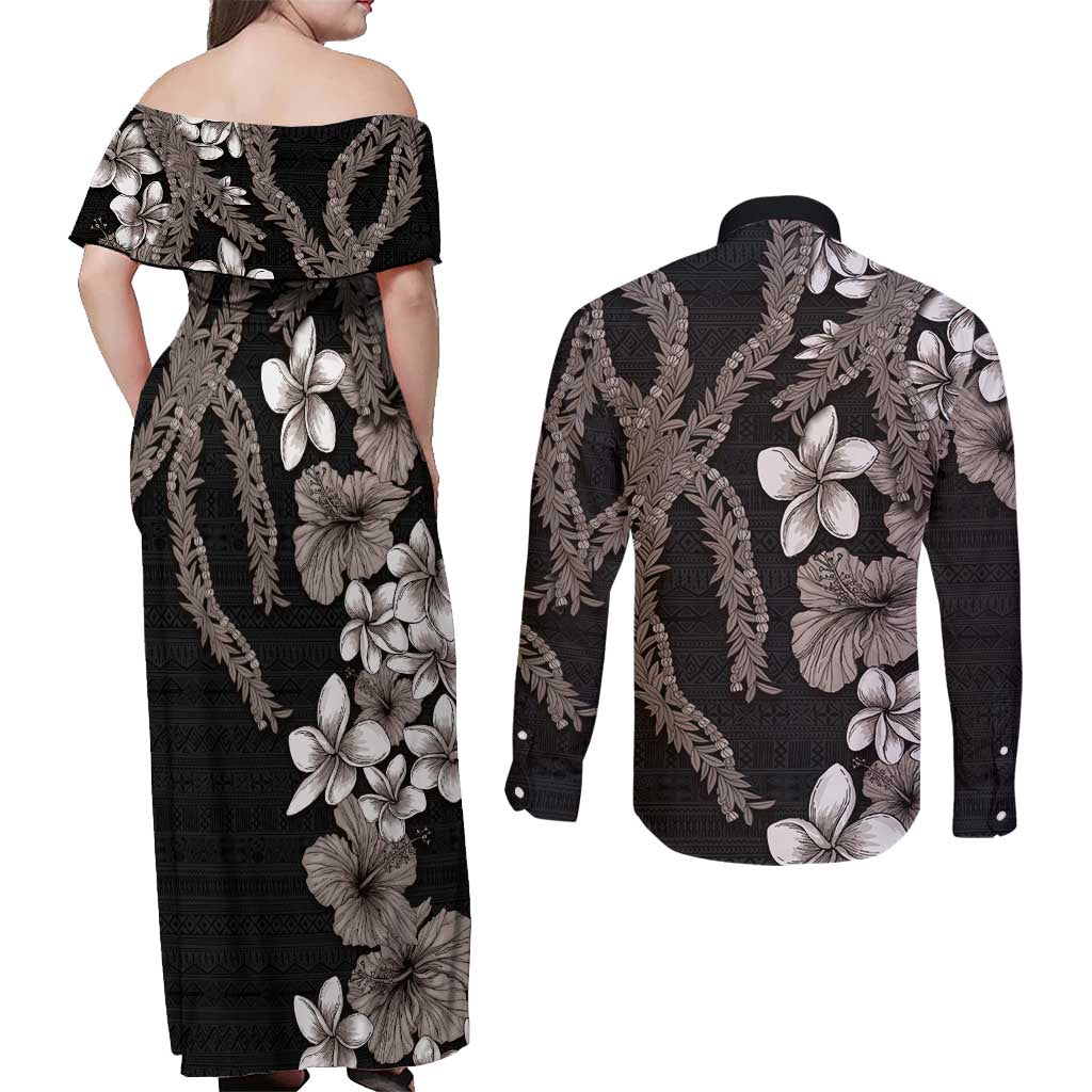 Hawaiian Tropical Flowers and Maile Pikake Couples Matching Off Shoulder Maxi Dress and Long Sleeve Button Shirt Polynesian Tribal Pattern Grayscale Mode LT03 - Polynesian Pride