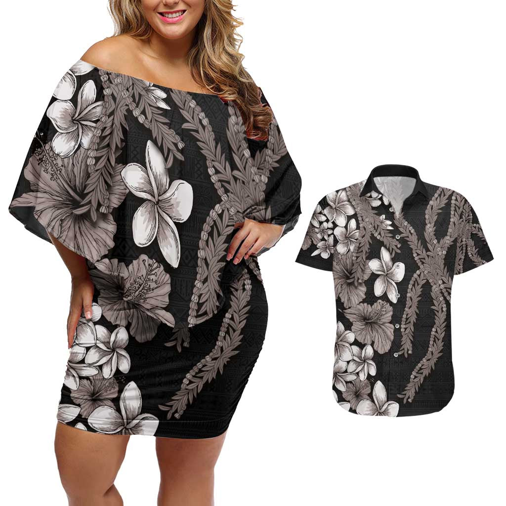 Hawaiian Tropical Flowers and Maile Pikake Couples Matching Off Shoulder Short Dress and Hawaiian Shirt Polynesian Tribal Pattern Grayscale Mode LT03 Black - Polynesian Pride