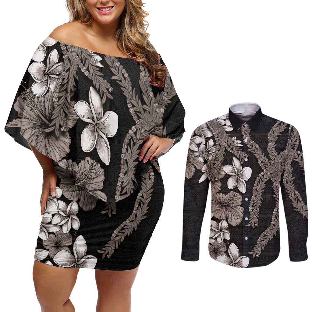 Hawaiian Tropical Flowers and Maile Pikake Couples Matching Off Shoulder Short Dress and Long Sleeve Button Shirt Polynesian Tribal Pattern Grayscale Mode LT03 Black - Polynesian Pride