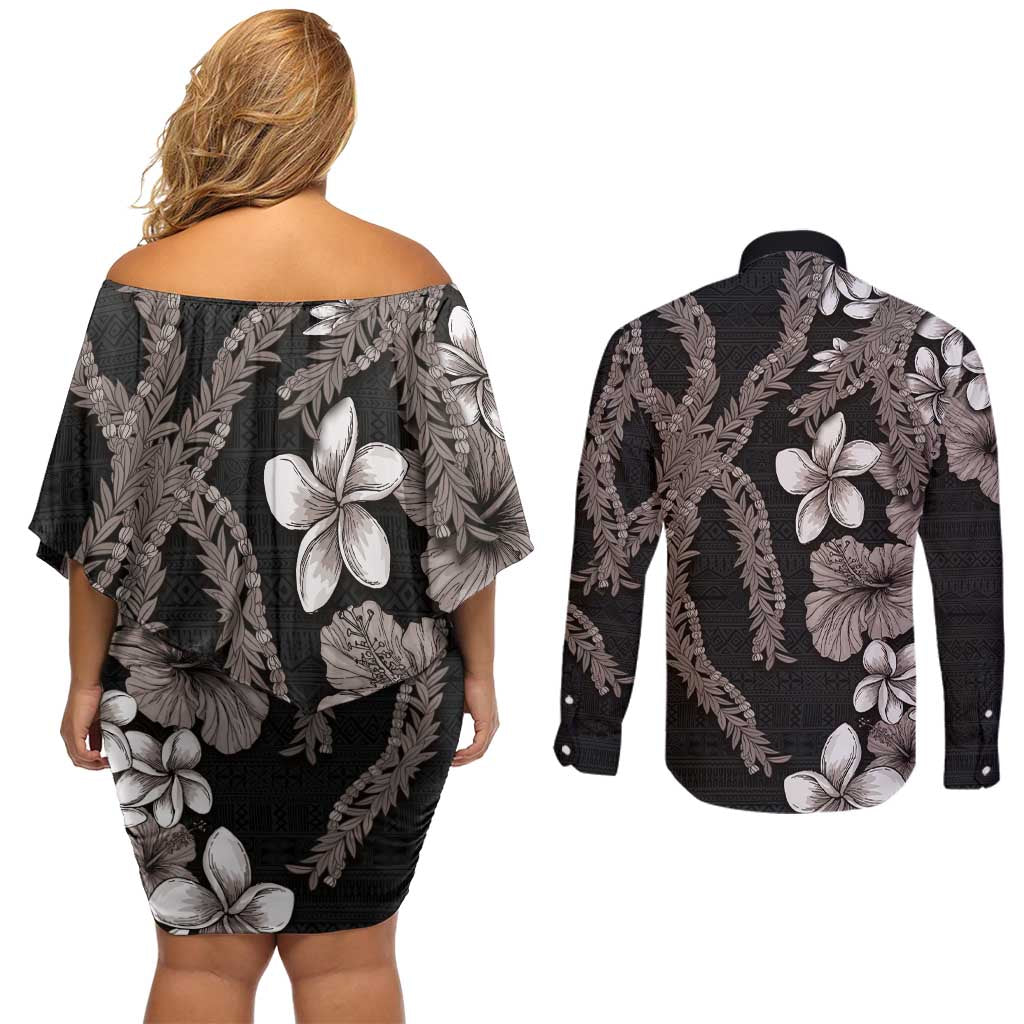Hawaiian Tropical Flowers and Maile Pikake Couples Matching Off Shoulder Short Dress and Long Sleeve Button Shirt Polynesian Tribal Pattern Grayscale Mode LT03 - Polynesian Pride