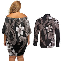 Hawaiian Tropical Flowers and Maile Pikake Couples Matching Off Shoulder Short Dress and Long Sleeve Button Shirt Polynesian Tribal Pattern Grayscale Mode LT03 - Polynesian Pride