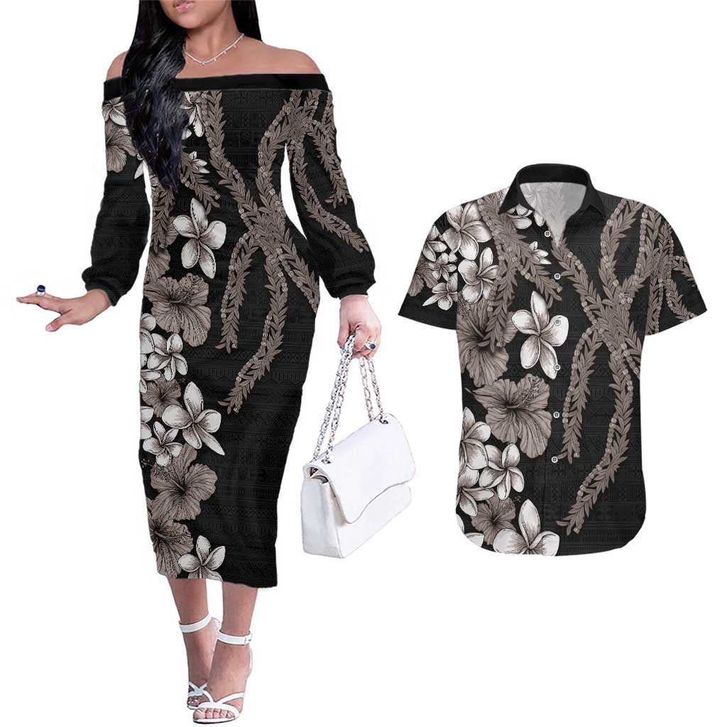 Hawaiian Tropical Flowers and Maile Pikake Couples Matching Off The Shoulder Long Sleeve Dress and Hawaiian Shirt Polynesian Tribal Pattern Grayscale Mode LT03 Black - Polynesian Pride