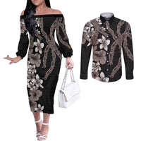 Hawaiian Tropical Flowers and Maile Pikake Couples Matching Off The Shoulder Long Sleeve Dress and Long Sleeve Button Shirt Polynesian Tribal Pattern Grayscale Mode LT03 Black - Polynesian Pride