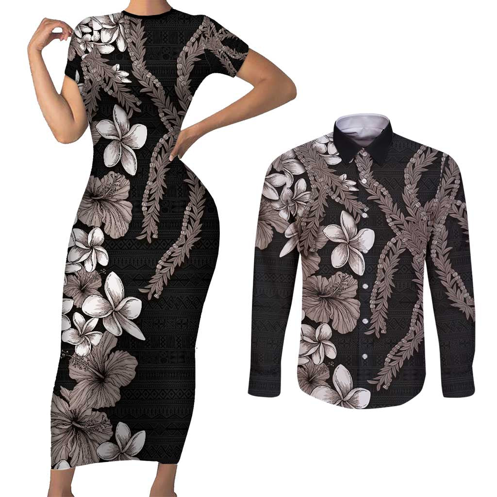 Hawaiian Tropical Flowers and Maile Pikake Couples Matching Short Sleeve Bodycon Dress and Long Sleeve Button Shirt Polynesian Tribal Pattern Grayscale Mode LT03 Black - Polynesian Pride