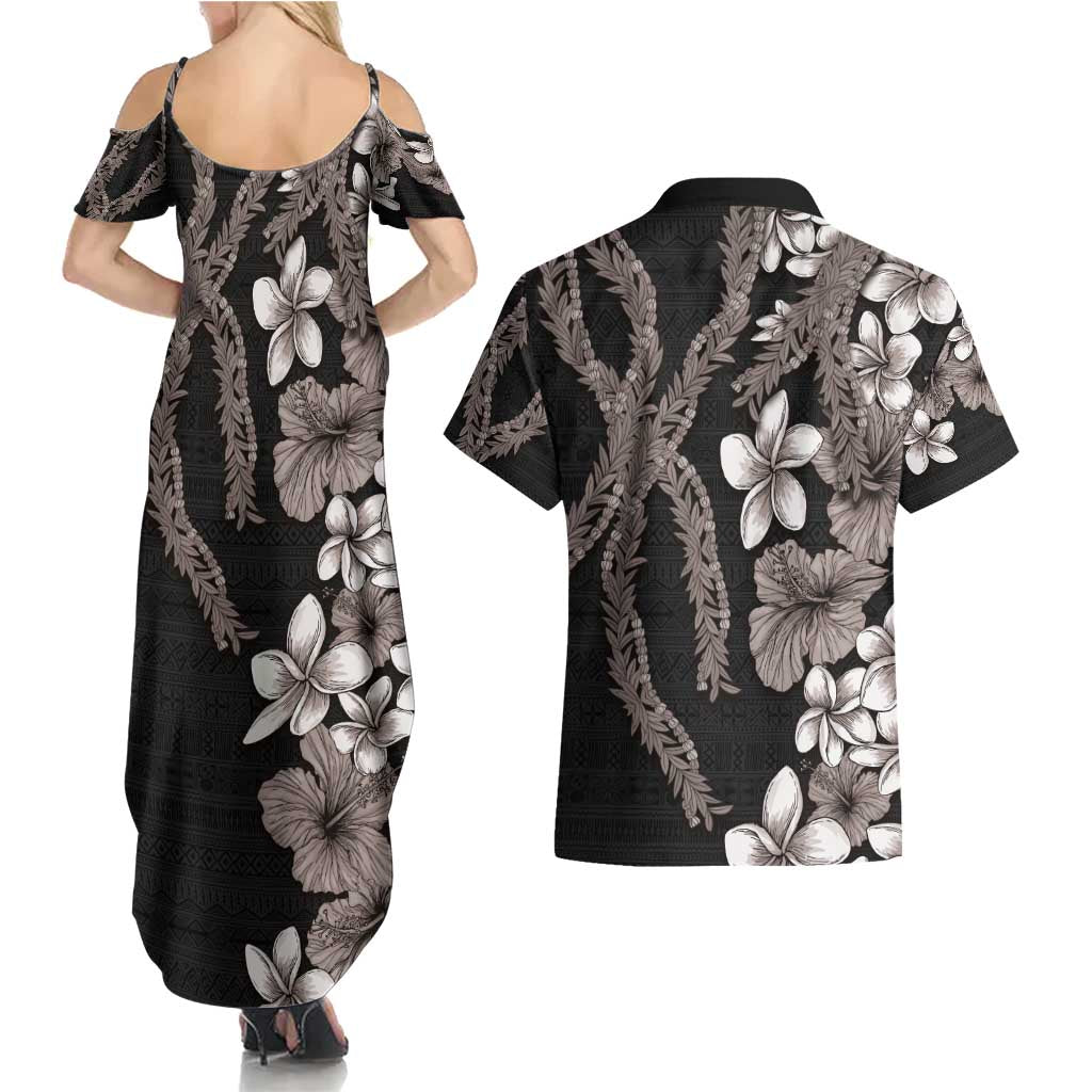 Hawaiian Tropical Flowers and Maile Pikake Couples Matching Summer Maxi Dress and Hawaiian Shirt Polynesian Tribal Pattern Grayscale Mode LT03 - Polynesian Pride