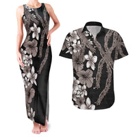 Hawaiian Tropical Flowers and Maile Pikake Couples Matching Tank Maxi Dress and Hawaiian Shirt Polynesian Tribal Pattern Grayscale Mode LT03 Black - Polynesian Pride