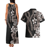 Hawaiian Tropical Flowers and Maile Pikake Couples Matching Tank Maxi Dress and Hawaiian Shirt Polynesian Tribal Pattern Grayscale Mode LT03 - Polynesian Pride