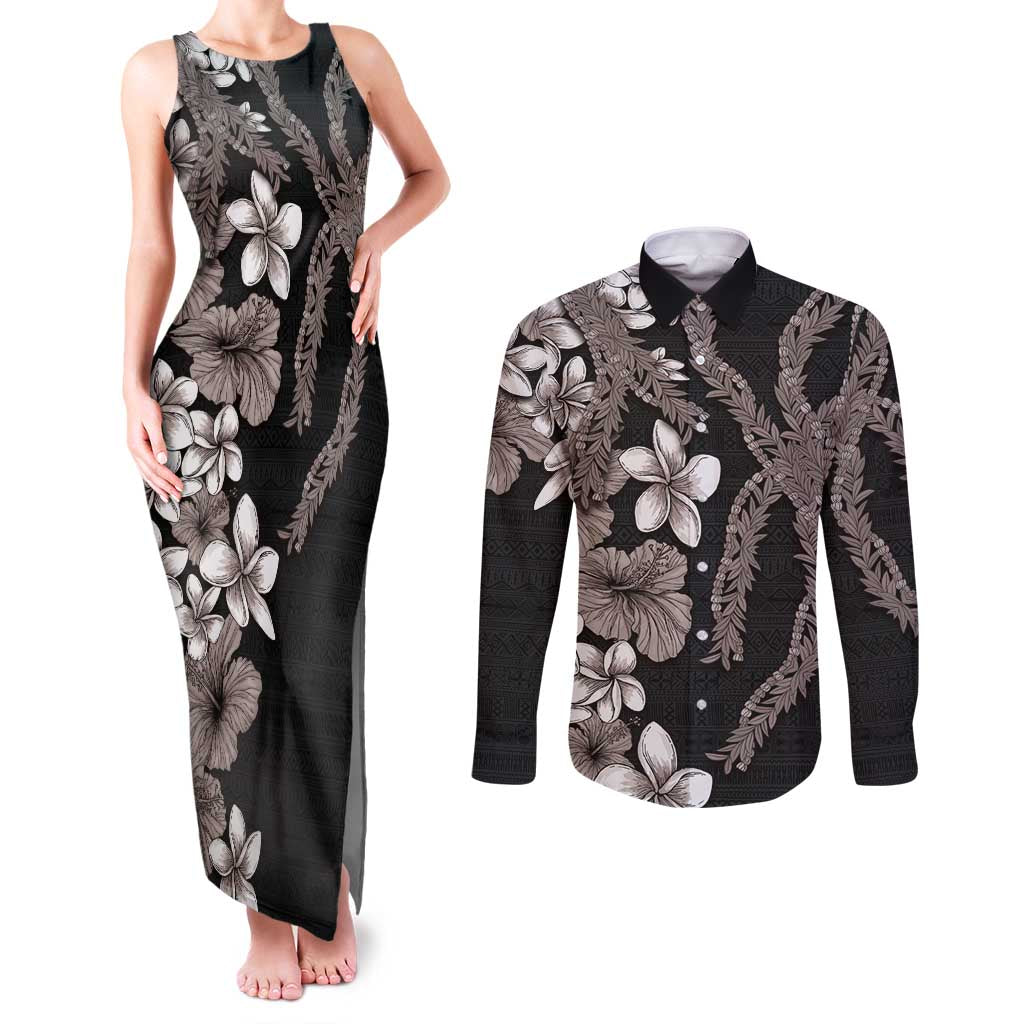 Hawaiian Tropical Flowers and Maile Pikake Couples Matching Tank Maxi Dress and Long Sleeve Button Shirt Polynesian Tribal Pattern Grayscale Mode LT03 Black - Polynesian Pride