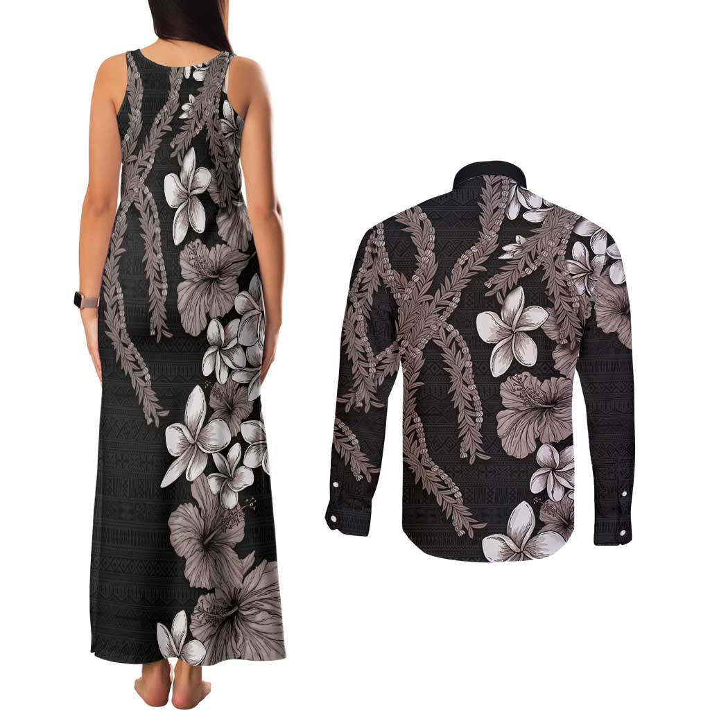 Hawaiian Tropical Flowers and Maile Pikake Couples Matching Tank Maxi Dress and Long Sleeve Button Shirt Polynesian Tribal Pattern Grayscale Mode LT03 - Polynesian Pride