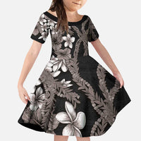 Hawaiian Tropical Flowers and Maile Pikake Family Matching Mermaid Dress and Hawaiian Shirt Polynesian Tribal Pattern Grayscale Mode LT03 Daughter's Dress Black - Polynesian Pride