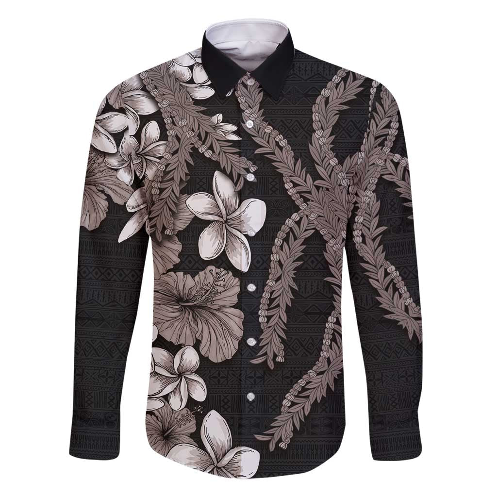 Hawaiian Tropical Flowers and Maile Pikake Family Matching Mermaid Dress and Hawaiian Shirt Polynesian Tribal Pattern Grayscale Mode LT03 Dad's Shirt - Long Sleeve Black - Polynesian Pride