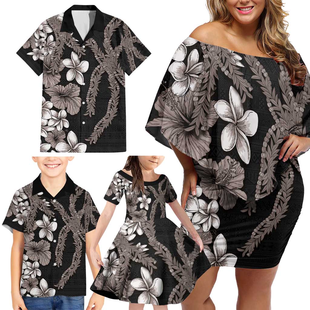 Hawaiian Tropical Flowers and Maile Pikake Family Matching Off Shoulder Short Dress and Hawaiian Shirt Polynesian Tribal Pattern Grayscale Mode LT03 - Polynesian Pride