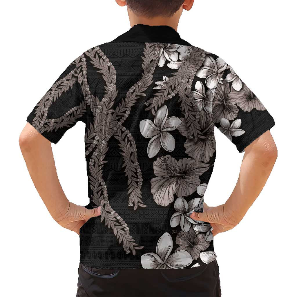 Hawaiian Tropical Flowers and Maile Pikake Family Matching Short Sleeve Bodycon Dress and Hawaiian Shirt Polynesian Tribal Pattern Grayscale Mode LT03 - Polynesian Pride