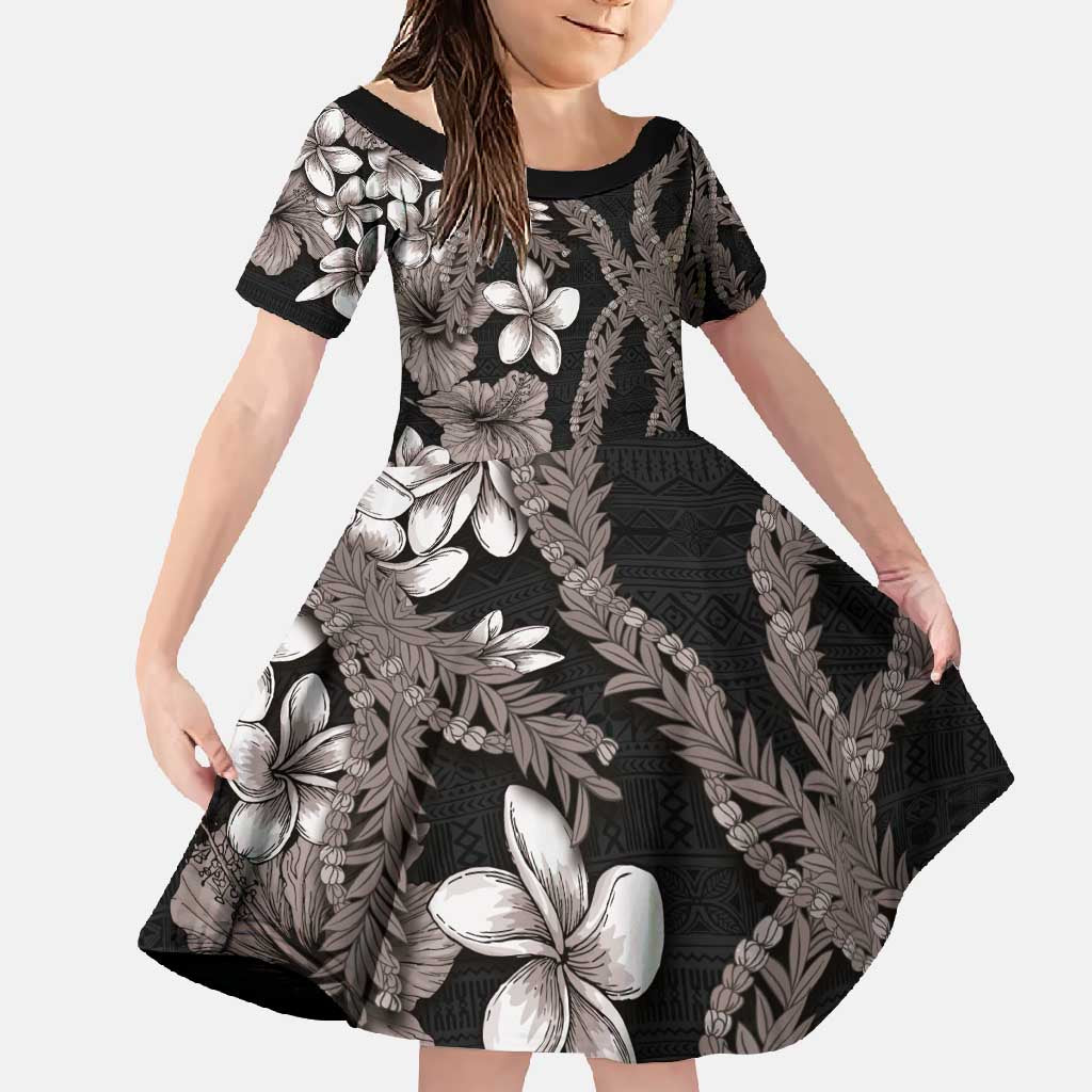 Hawaiian Tropical Flowers and Maile Pikake Family Matching Short Sleeve Bodycon Dress and Hawaiian Shirt Polynesian Tribal Pattern Grayscale Mode LT03 Daughter's Dress Black - Polynesian Pride