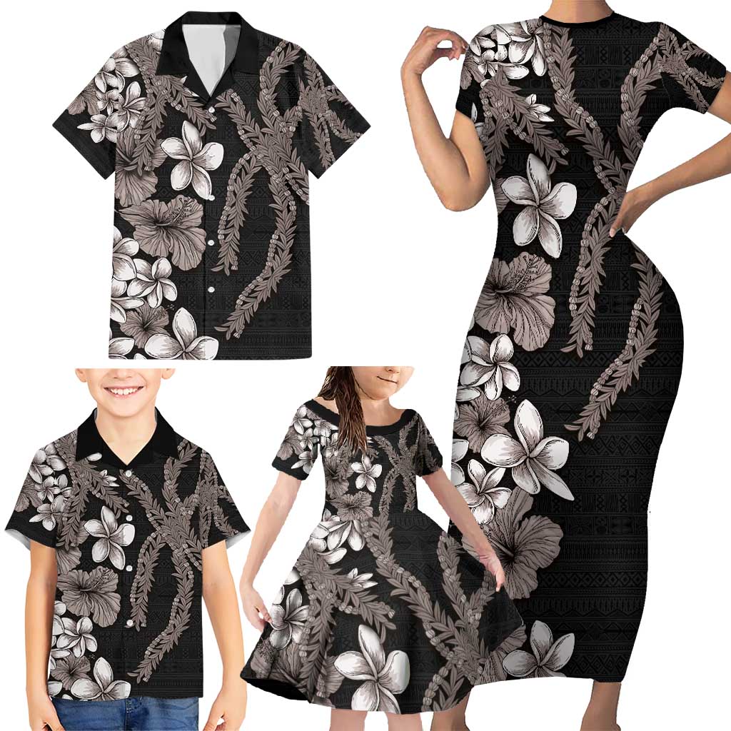 Hawaiian Tropical Flowers and Maile Pikake Family Matching Short Sleeve Bodycon Dress and Hawaiian Shirt Polynesian Tribal Pattern Grayscale Mode LT03 - Polynesian Pride