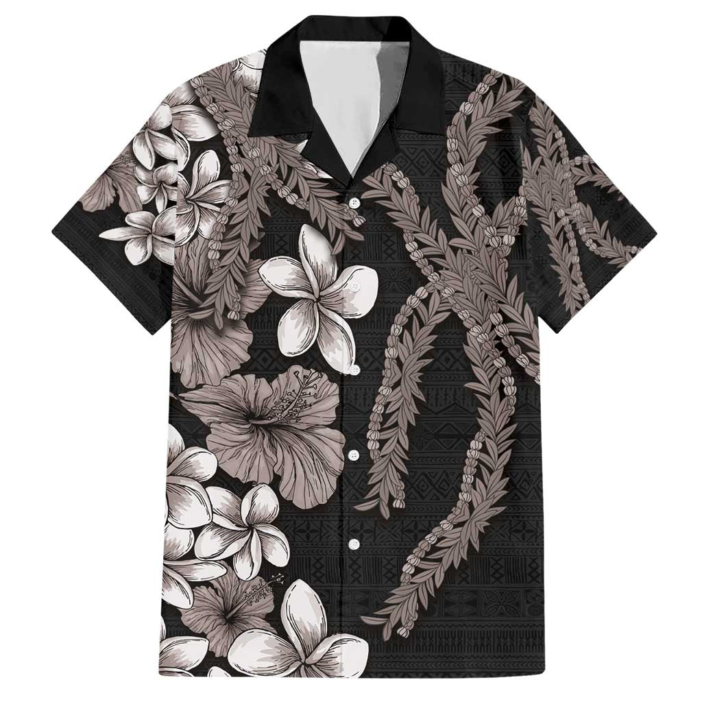 Hawaiian Tropical Flowers and Maile Pikake Family Matching Short Sleeve Bodycon Dress and Hawaiian Shirt Polynesian Tribal Pattern Grayscale Mode LT03 Dad's Shirt - Short Sleeve Black - Polynesian Pride