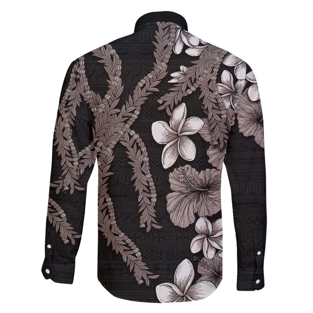 Hawaiian Tropical Flowers and Maile Pikake Family Matching Short Sleeve Bodycon Dress and Hawaiian Shirt Polynesian Tribal Pattern Grayscale Mode LT03 - Polynesian Pride