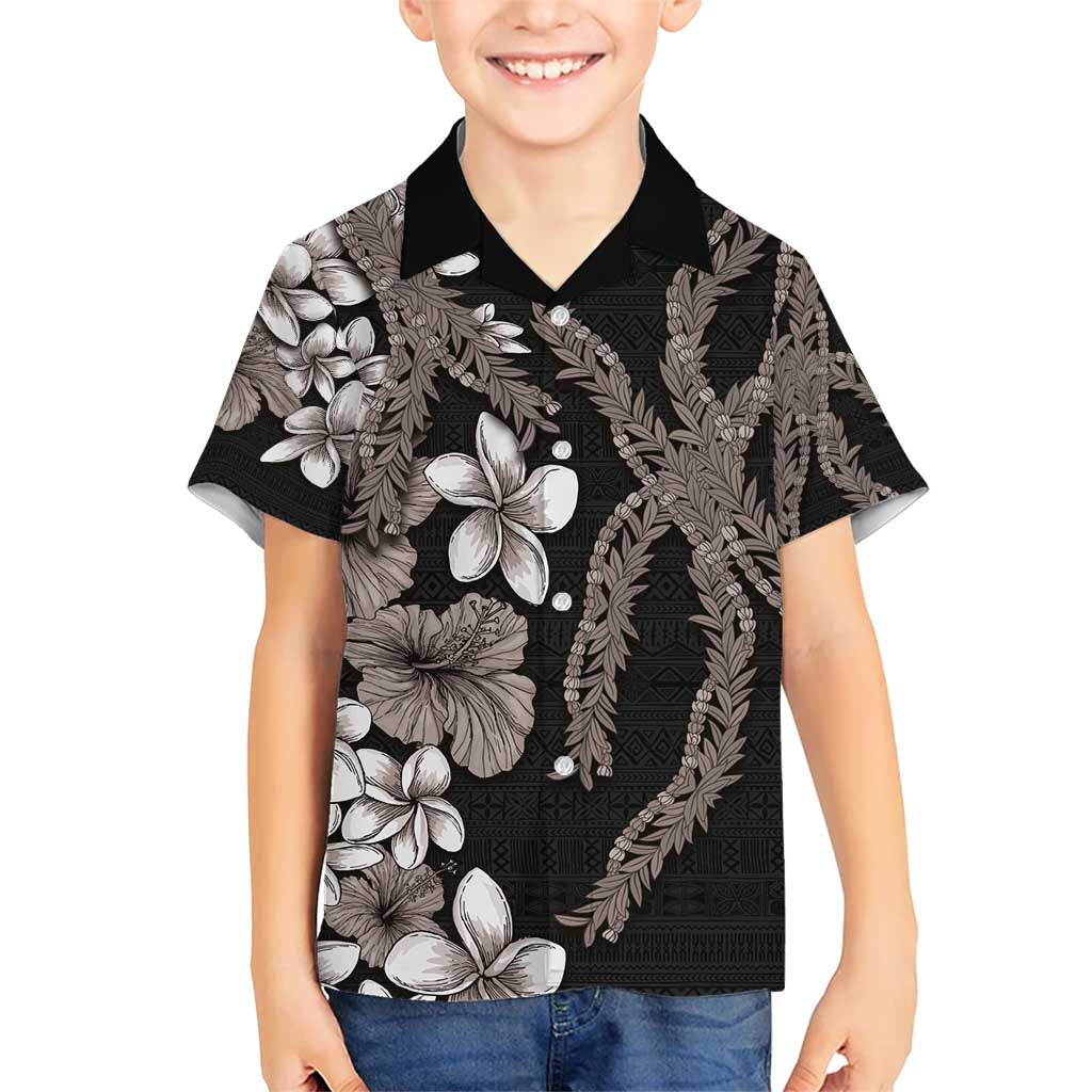 Hawaiian Tropical Flowers and Maile Pikake Family Matching Short Sleeve Bodycon Dress and Hawaiian Shirt Polynesian Tribal Pattern Grayscale Mode LT03 Son's Shirt Black - Polynesian Pride