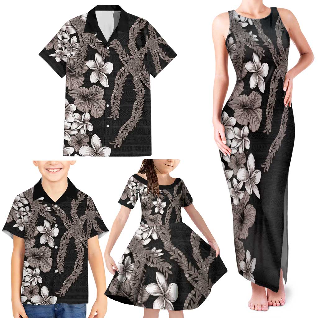 Hawaiian Tropical Flowers and Maile Pikake Family Matching Tank Maxi Dress and Hawaiian Shirt Polynesian Tribal Pattern Grayscale Mode LT03 - Polynesian Pride