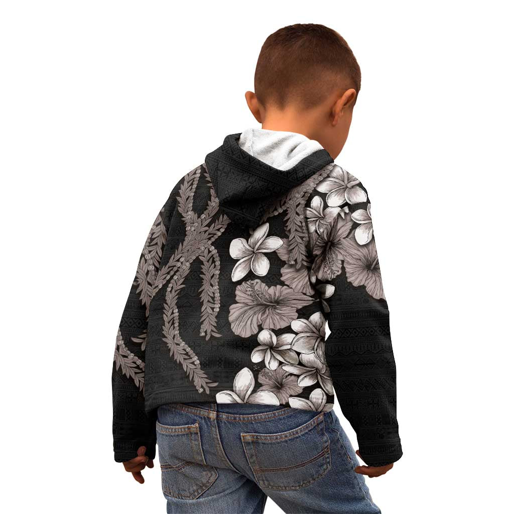 Hawaiian Tropical Flowers and Maile Pikake Kid Hoodie Polynesian Tribal Pattern Grayscale Mode