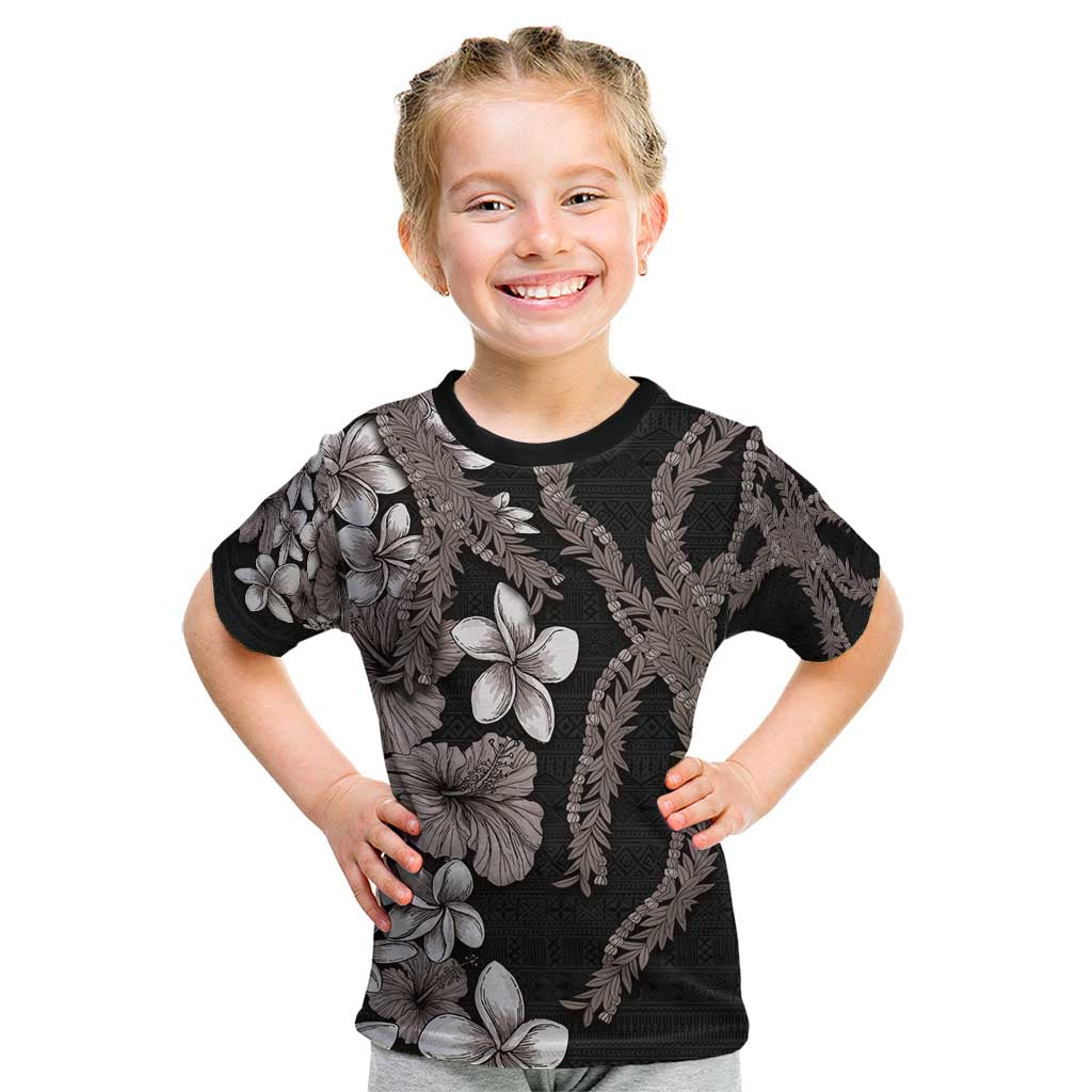 Hawaiian Tropical Flowers and Maile Pikake Kid T Shirt Polynesian Tribal Pattern Grayscale Mode LT03 Black - Polynesian Pride